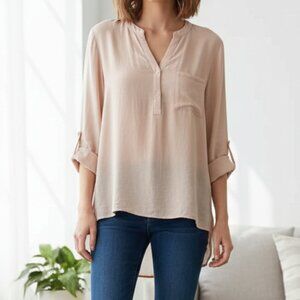 Anthropologie Lush Women’s Button Blouse Top 3/4 Length Sleeve Peach Pink Small